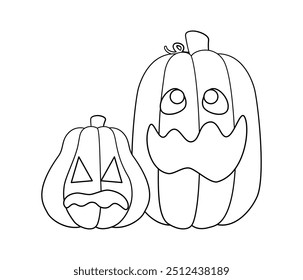 Jack O Lanterns Outline Line Art. Easy Coloring Book Page for Kids. Cute Funny Spooky Halloween Pumpkins.