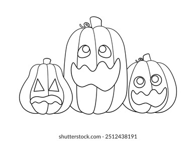 Jack O Lanterns Outline Line Art. Halloween Coloring Book Page for Kids. Cute Funny Spooky Pumpkins.