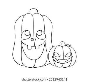 Jack O Lanterns Outline Line Art. Easy Coloring Book Page for Kids. Cute Funny Spooky Halloween Pumpkins.