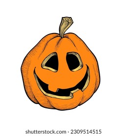 Jack O' Lanterns retro style icon. Colorfull Pumpkin sketch. Vector illustration of orange vegetable outline. Simple image. Hand drawn ink illustration