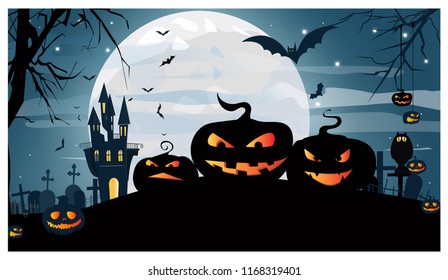 Jack o lanterns smiling against house, moon and cemetery vector illustration. Halloween night background. Holiday concept. For websites, wallpapers, banners or posters