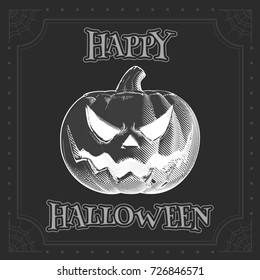 Jack o lantren negative engraving drawing with scary expression on gray background for halloween greeting