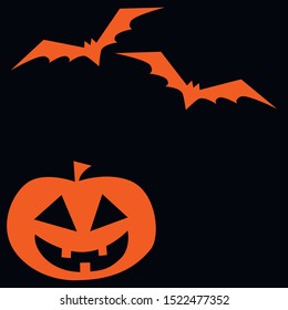 Jack o'lantern with bats on black background. Halloween square card with pumpkin, two color. 