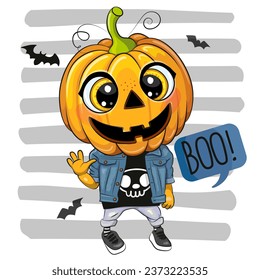 Jack OLantern in a denim Jacket Cartoon Illustration isolated on a striped background