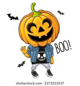 Jack OLantern in a denim Jacket Cartoon Illustration isolated on a white background