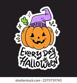 Jack o'lantern funny smiling pumpkin in a witch hat with joking lettering. Illustration of a cute orange vegetable. A Halloween party sticker. Isolated vector illustration on black background.