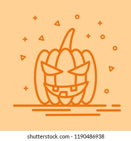 Jack o'lantern - Halloween pumpkin icon in linear style on orange background. Vector illustration