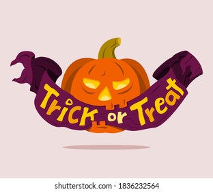 The Jack O'lantern Hold a Ribbon of Trick or Treat Wording in Mouth.