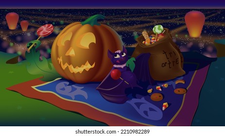 Jack o'lantern (pumpkin) and a bat with a sack of candy at a Halloween picnic on the outskirts of the city. A view from the hill of the night city with Chinese lanterns.