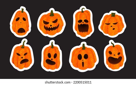 Jack O'Lantern Sticker Pack. Carved Face Pumpkin With Different Emotions. Angry, Skeptical, Surprised, Sad, Stupid, Displeased Pumpkin Face