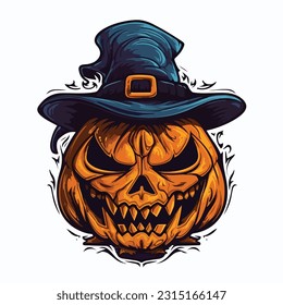 jack olantern with a wisard hat vector 2d flat color white background