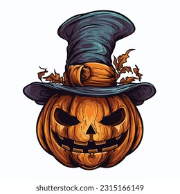 jack olantern with a wisard hat vector 2d flat color white background