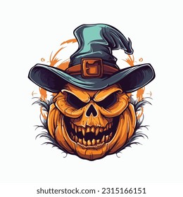 jack olantern with a wisard hat vector 2d flat color white background