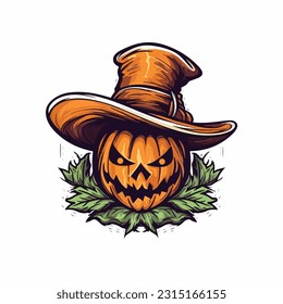 jack olantern with a wisard hat vector 2d flat color white background