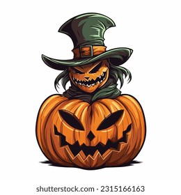 jack olantern with a wisard hat vector 2d flat color white background