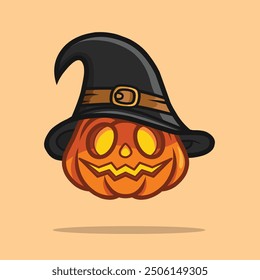 Jack O'lantern With Witch Hat Cartoon Vector Icon Illustration Halloween