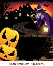 Jack O'Lanterns and witch with a lantern near the houses with glowing windows. Abstract illustration of a Halloween urban scene