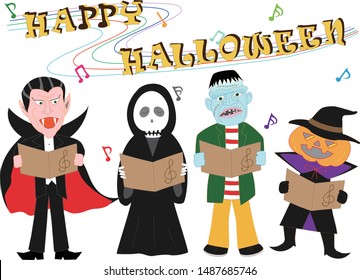 Jack Orlantern, Dracula, Frankenstein, Witch, Grim Reaper playing and singing instruments on Halloween Day.