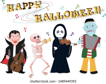 Jack Orlantern, Dracula, Frankenstein, Witch, Grim Reaper playing and singing instruments on Halloween Day.