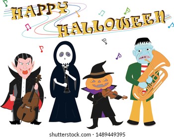 Jack Orlantern, Dracula, Frankenstein, Witch, Grim Reaper playing and singing instruments on Halloween Day.