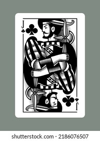 Jack playing card of Clubs suit in vintage engraving drawing stile. Vector illustration