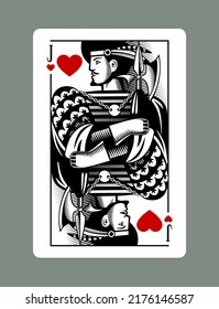 Jack playing card of Hearts suit in vintage engraving drawing stile. Vector illustration