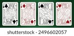 Jack playing cards set. Editable stroke. Spades Hearts Diamonds and Clubs suits. 
Vector line illustration.