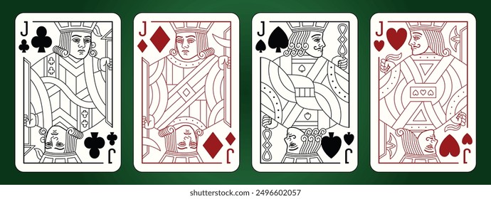 Jack playing cards set. Editable stroke. Spades Hearts Diamonds and Clubs suits. 
Vector line illustration.