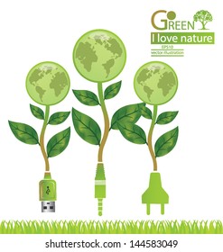 Jack plug. Usb cable. Plug. Tree design. Go green. Save world. vector illustration.
