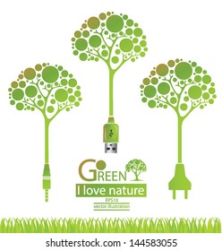 Jack plug. Usb cable. Plug. Tree design. Go green. Save world. vector illustration.