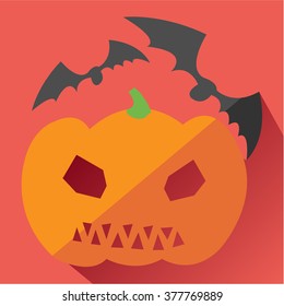 Jack Pumpkin and bats icon, Halloween. Modern colored icons in a flat design with long shadow.