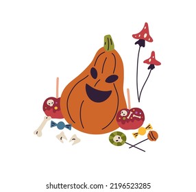 Jack pumpkin with carved face and sweet treats for Halloween holiday. Helloween decoration, spooky October stuff, candies, teeth, bones, squash. Flat vector illustration isolated on white background