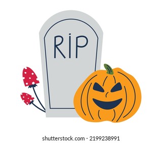Jack pumpkin with creepy carved face. Squash on background of tombstone. Grave, toadstool and pumpkin. Halloween spooky decoration isolated on white background. Flat vector illustration.