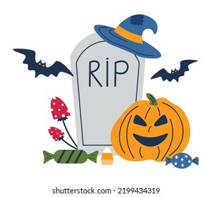 Jack pumpkin with creepy carved face. Sweet treats for Halloween.
Squash on background of tombstone. Bats, witch hat, grave on white background. Flat vector illustration on isolated background.