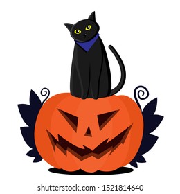 Jack pumpkin head and a black cat sitting on top. Leaves on the sides of a pumpkin. Flat Halloween illustration. White background