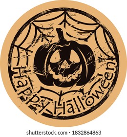 Jack pumpkin on background of cobweb icon vector shabby emblem design old retro style. Happy Halloween poster vintage grunge sign. Pumpkin and spider's web shape on craft paper. Symbol of Halloween