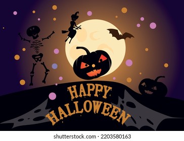 Jack pumpkin and skeleton against the background of the moon. Vector.