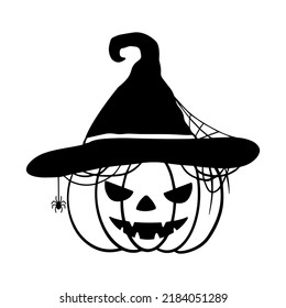 Jack pumpkin in witch hat lantern for Halloween Night Art. Halloween Party, Trick or Treat on 31 October. Halloween Pumpkin Illustration Vector. Isolated Pumpkin with Witch Hat, Spider, and Web icon.