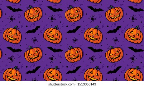 Jack pumpkins, bats and spiders. Seamless pattern, halloween concept. Decorative backdrop, wrapping pattern, vibrant colors background. Purple base color.