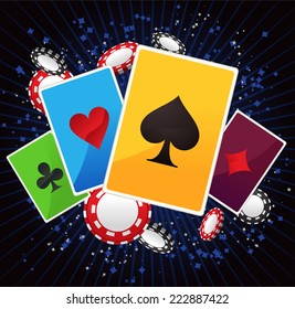 Jack, queen, king and ace poker suits with shining blue lines and poker coins vector illustration.