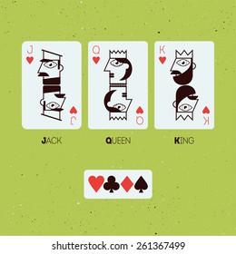 Jack, Queen and King. Stylized playing cards. Vector illustration.