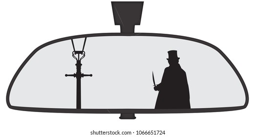 Jack the Ripper in a car rear view mirror isolated on a white background