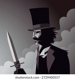 jack the ripper holding a knife in the darkness