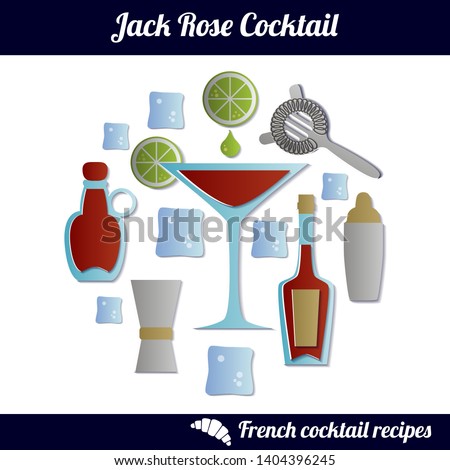Jack Rose cocktail. Infographic set of isolated elements on white background. Paper cut style. Ingredients and preporation tools. French Cocktail Collection. Elements of design for bar, restaurant