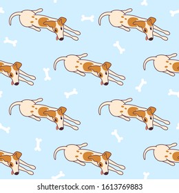 Jack russel terrier lying on the floor, ready to play. Doggy seamless pattern with bones. Vector illustration in cute cartoon style