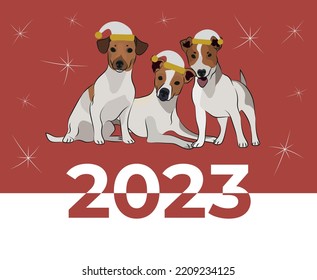 Jack Russell breed, dog drawing. Cute dog characters in various poses, designs for prints, adorable and cute Christmas bulldog cartoon vector set, in different poses. New year poster