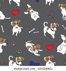 
Jack Russell. Cute dog, bones, footprints, hearts