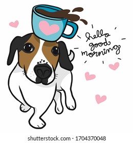 Jack Russell dog with morning coffee cup cartoon vector illustration