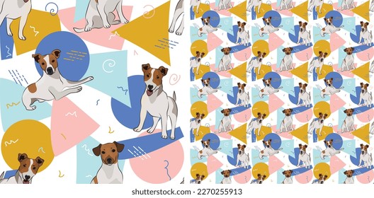 Jack Russell dog summer pastel wallpaper. Holiday abstract circles, squares, spirals, confetti. seamless background, repeatable pattern. Birthday wallpaper, Christmas present, print tiles. Geometric.