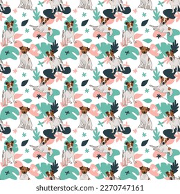 Jack Russell dog wallpaper with leaves, palms, flowers, plants. Pastel green, pink, navy. Holiday abstract natural shapes. Seamless floral background with dogs, repeatable pattern.Birthday wallpaper. 